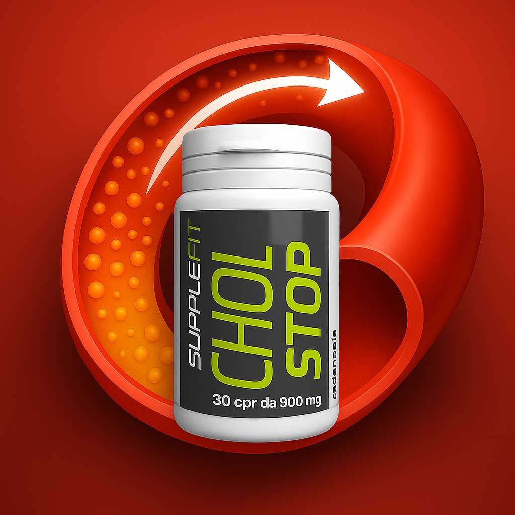 Flacon de CHOL STOP SuppleFit, complément alimentaire naturel pour maintenir un taux de cholestérol normal, illustré par une artère en mouvement symbolisant l’action du produit sur la santé cardiovasculaire.