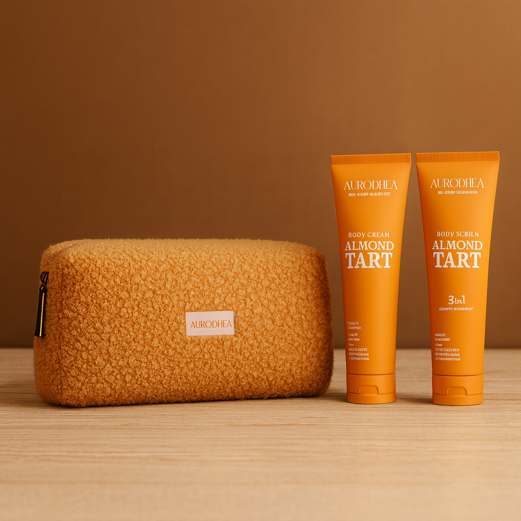 Produits Almond Tart d’Aurodhea – gommage et crème pour le corps enrichis en HYDRACORE™, parfum gourmand d’amande.