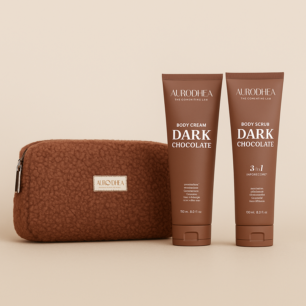 Produits corps Aurodhea Dark Chocolate enrichis en HYDRACORE™, gommage 3-en-1 et crème hydratante au chocolat.