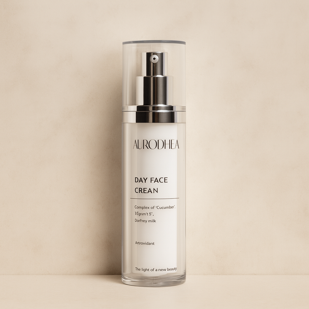 Flacon de la crème de jour Aurodhea au lait d’ânesse, soin hydratant antioxydant adapté aux peaux sensibles.