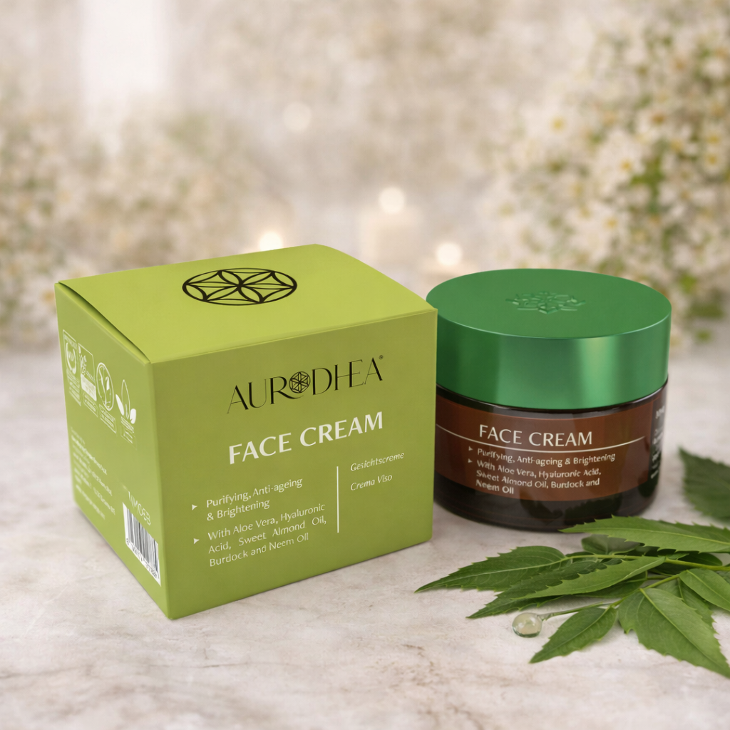 Crème visage Aurodhea à l’huile de Neem pour peaux grasses et impures – pot et emballage