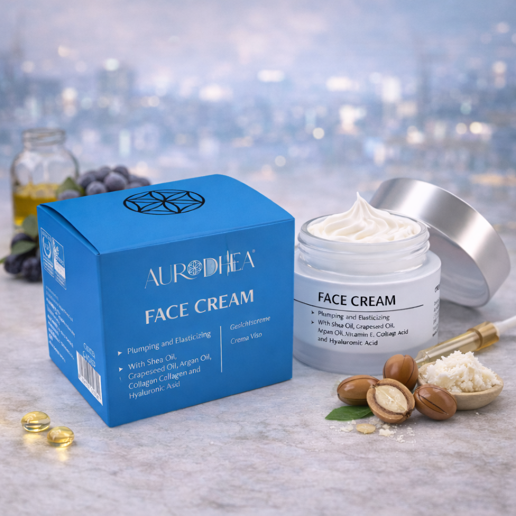 Crème visage Aurodhea au collagène et à l’acide hyaluronique – pot et boîte bleue