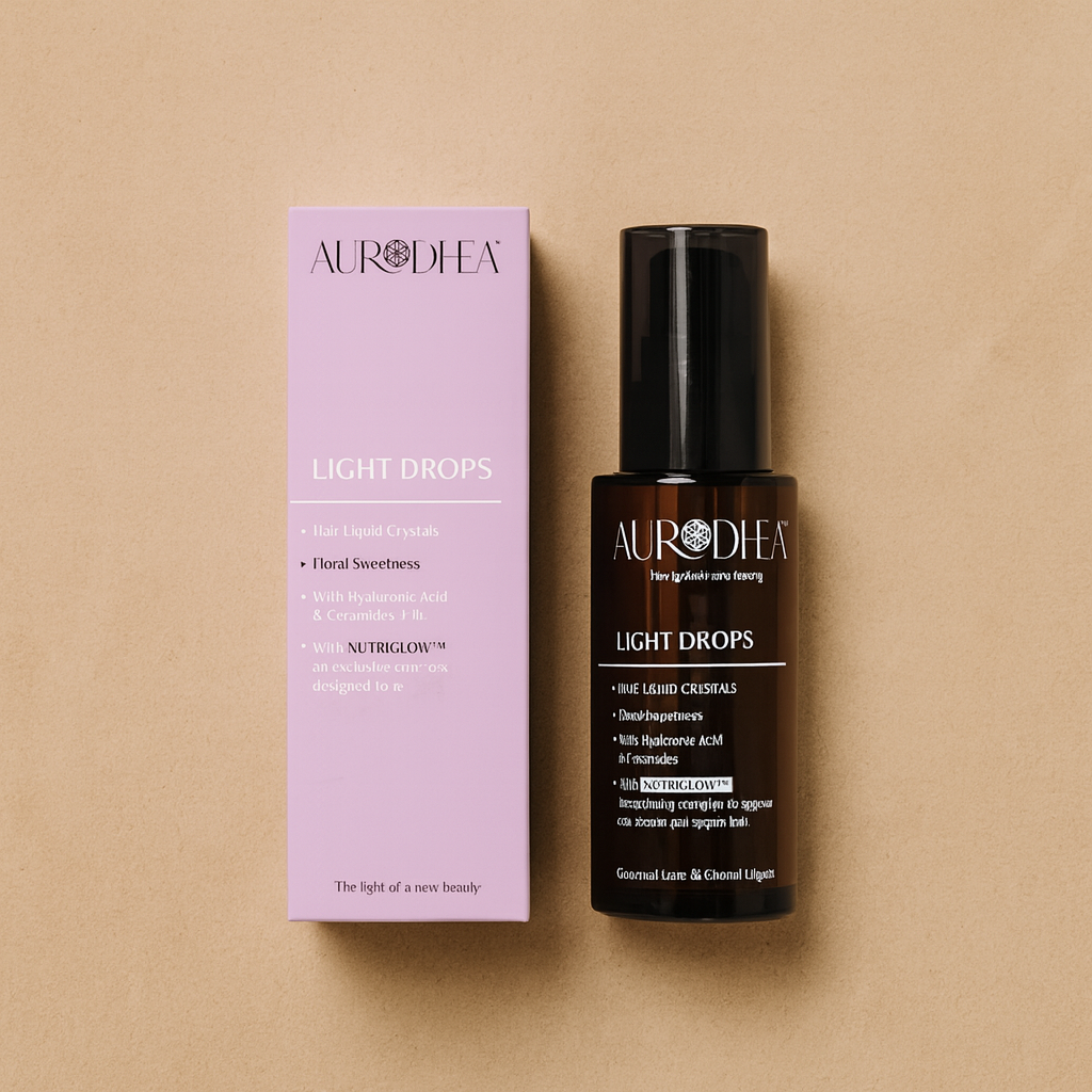 Flacon du sérum capillaire Light Drops Aurodhea et sa boîte rose pâle sur fond beige.