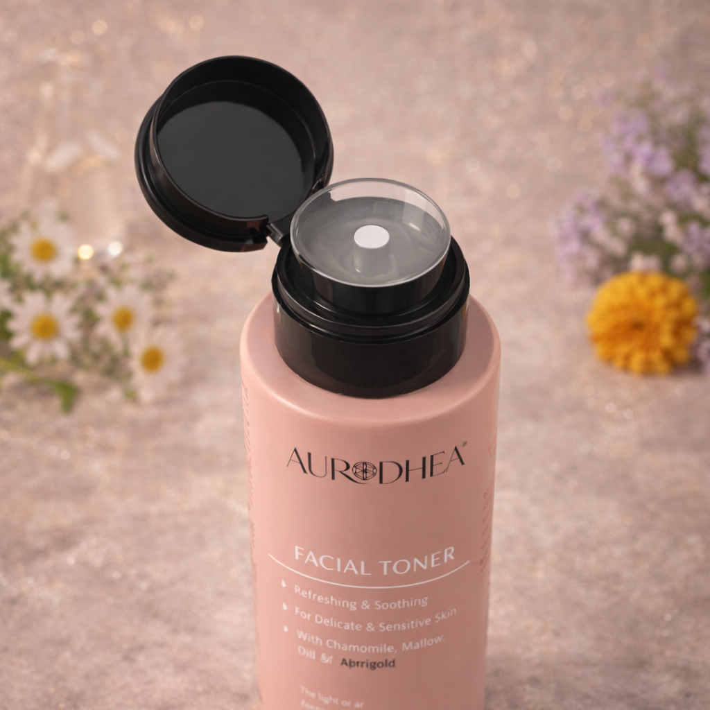 Lotion tonique visage Aurodhea, flacon ouvert avec applicateur, soin quotidien pour peaux sensibles