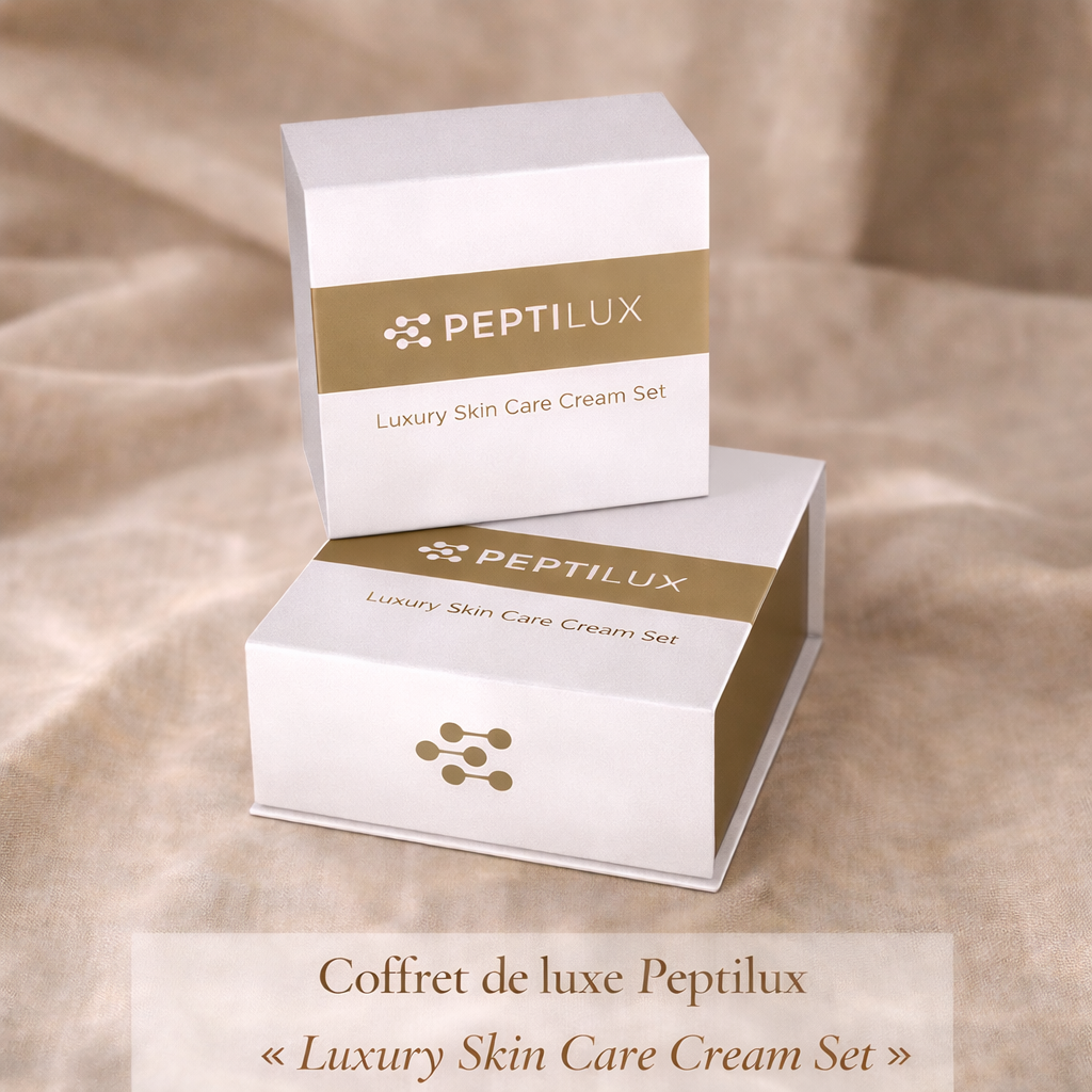 Coffret cosmétique Peptilux Luxury Skin Care Cream Set fermé sur fond élégant