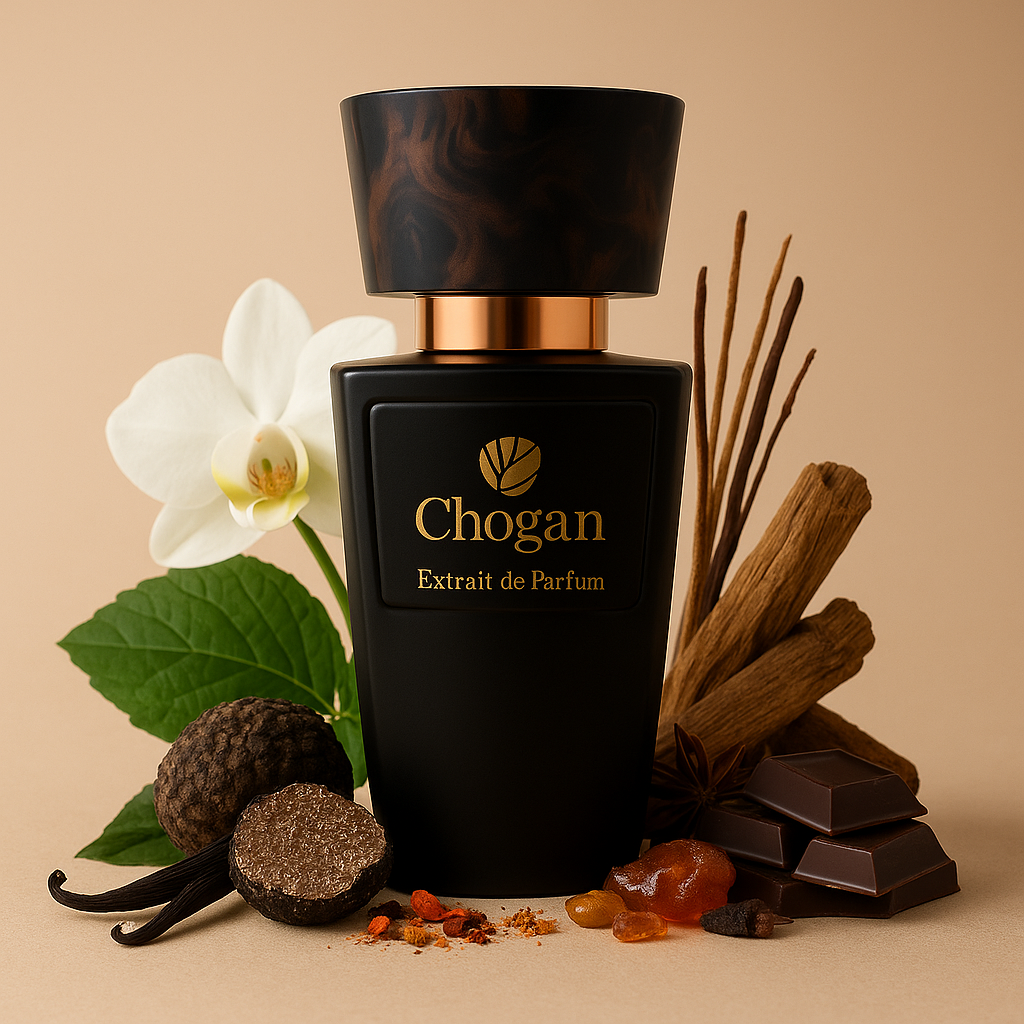 Parfum femme Chogan 70 ml – flacon blanc avec fleurs blanches et vanille
