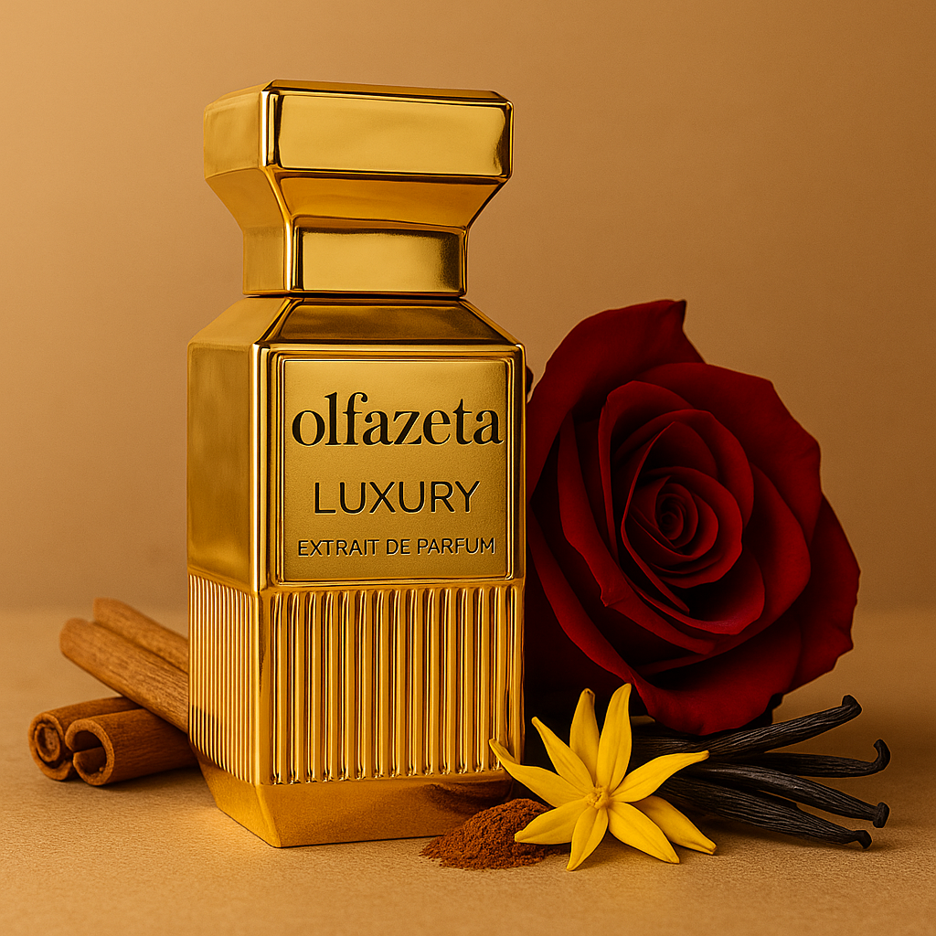 Parfum Luxury Chogan 106 en bouteille or avec rose – accords iris, cuir, bois de cachemire, ambre et fève tonka