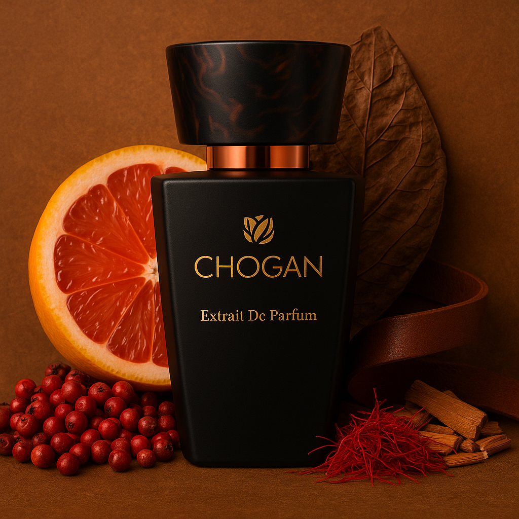 Parfum homme Chogan 032 entouré d’agrumes (bergamote, pamplemousse), cœur épicé et sillage boisé cuir-tabac.