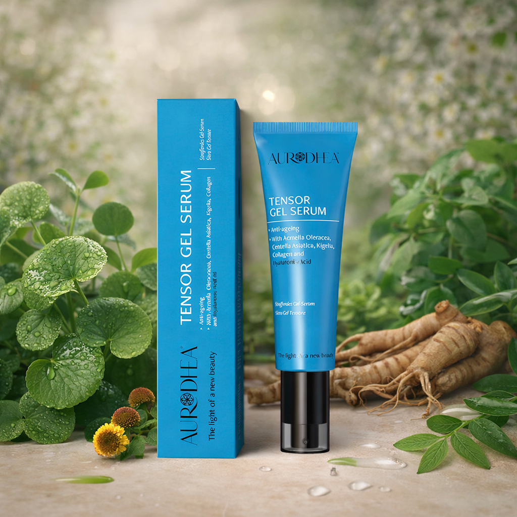 Sérum gel tenseur anti-âge Aurodhea à l’acide hyaluronique en flacon avec ingrédients naturels