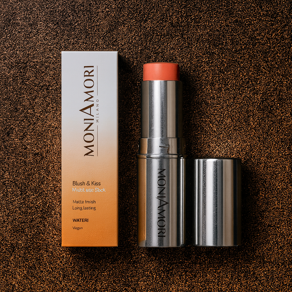 Blush & Kiss MoniAmori teinte Peach — stick multi-usage visage et lèvres, couleur pêche naturelle et lumineuse pour un effet bonne mine instantané