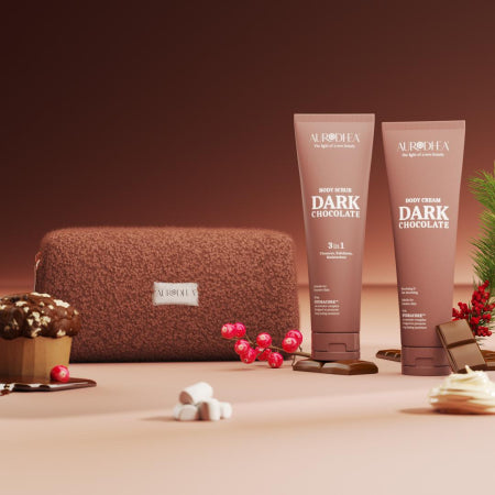 Coffret Dark Chocolate Aurodhea avec gommage, crème corps et trousse Teddy – soin gourmand parfum chocolat noir.