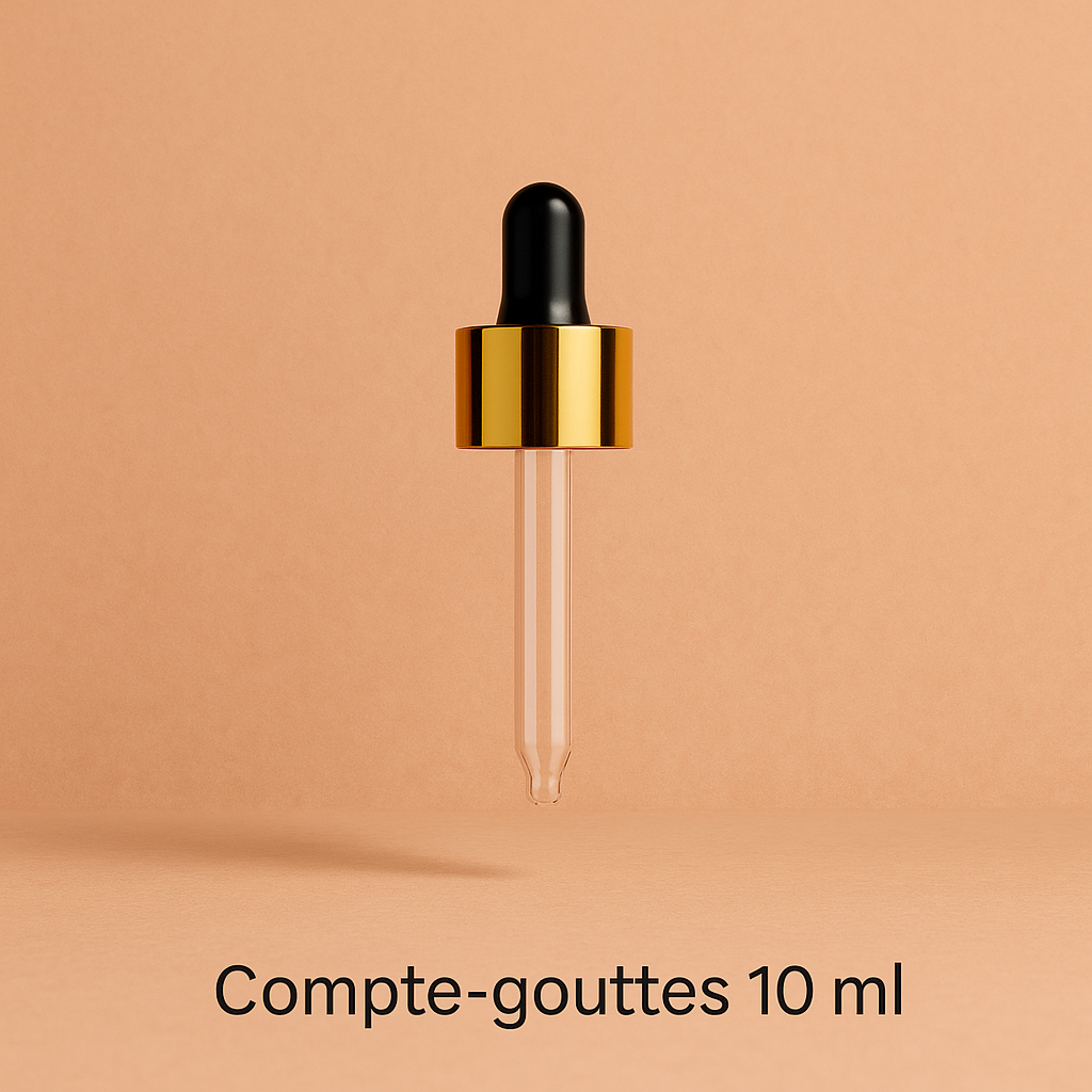 Compte-gouttes 10 ml avec capuchon doré et pipette en verre – Accessoire pour huiles essentielles et soins cosmétiques