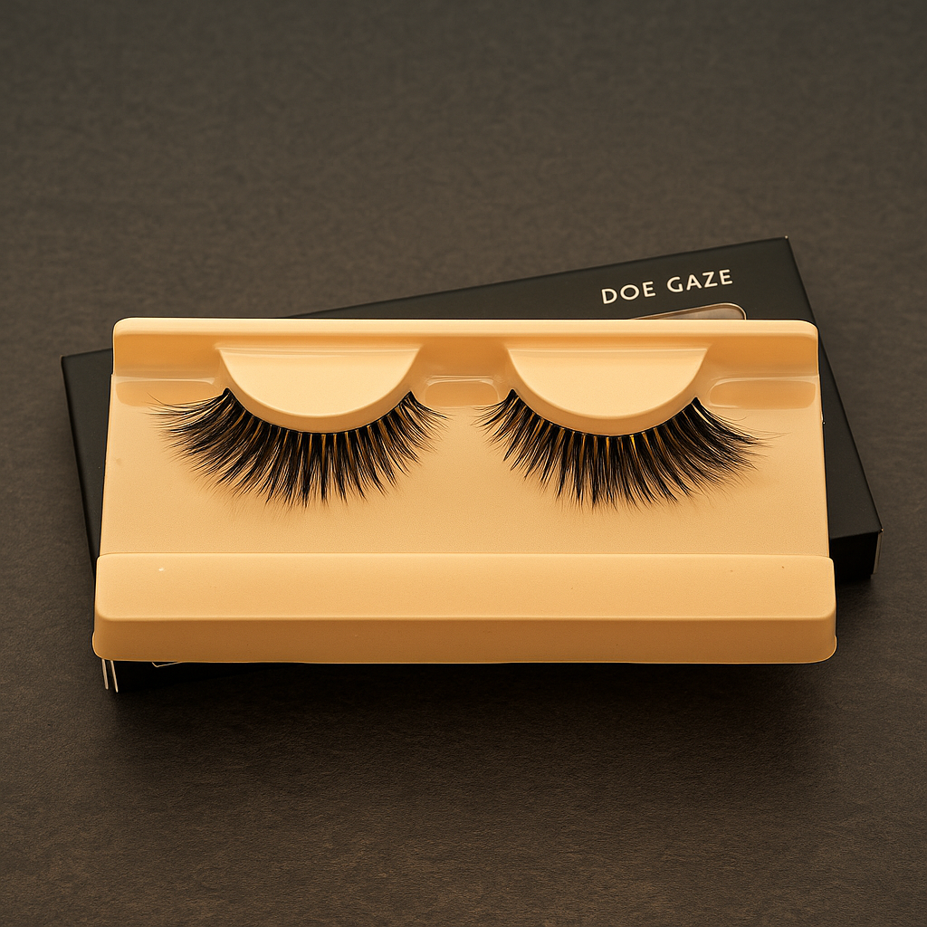 Femme aux yeux maquillés portant les faux cils Doe Gaze de Chogan, mettant en valeur un regard intense et glamour digne d’un maquillage professionnel.