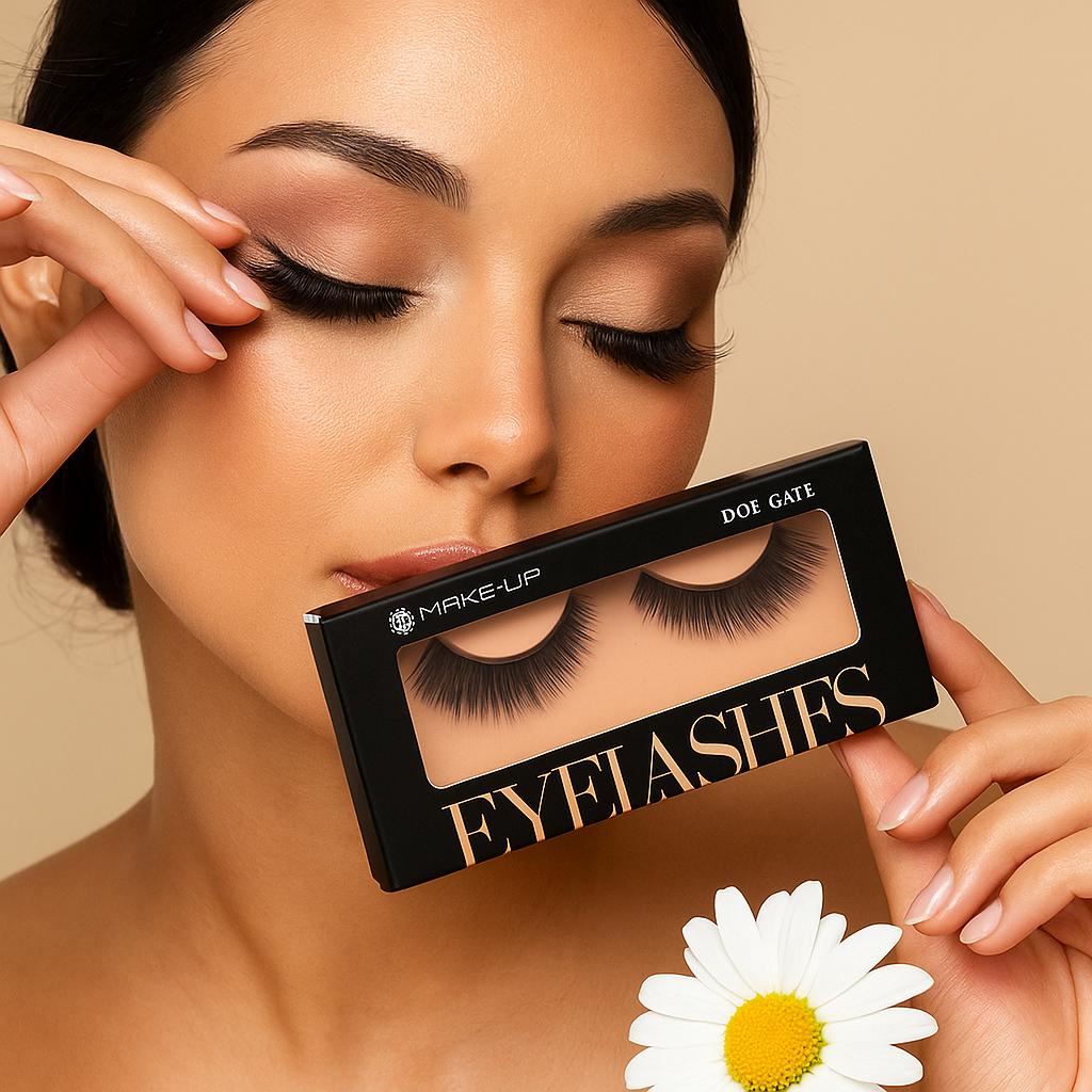 Boîte élégante des faux cils Doe Gaze de Chogan Make-Up, présentée sur fond neutre avec leur design noir et doré raffiné.