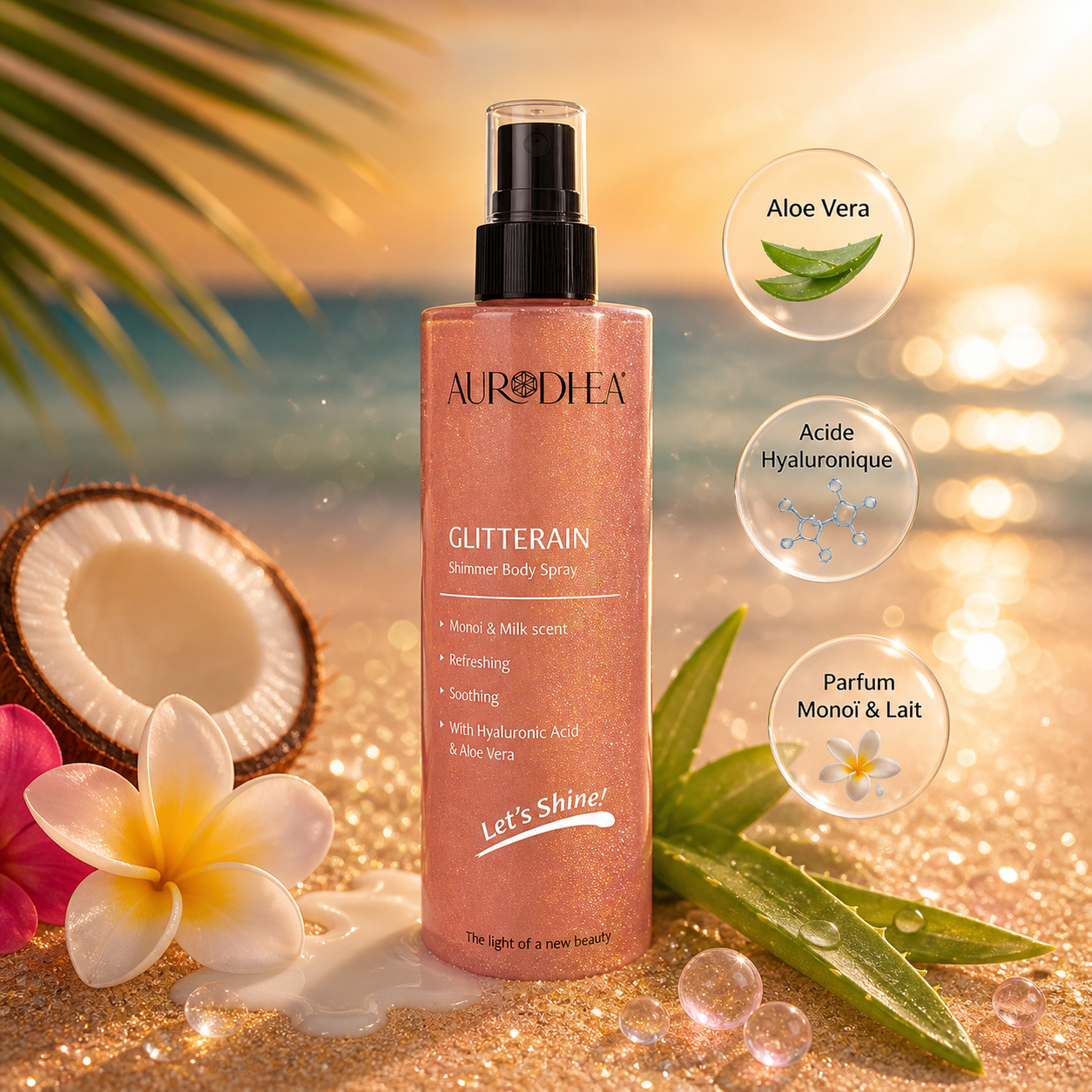 Spray pailleté GLITTERAIN Aurodhea monoï lait avec aloe vera et acide hyaluronique