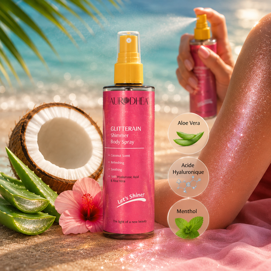 Spray pailleté rose GLITTERAIN Aurodhea parfum coco avec aloe vera et acide hyaluronique