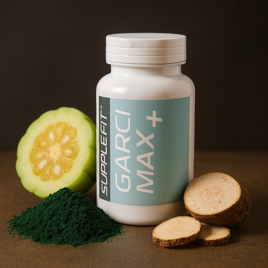 Flacon de complément alimentaire GARCI MAX+ SuppleFit entouré de Garcinia Cambogia, poudre verte de spiruline et racines de konjac, symbolisant une minceur naturelle et équilibrée.