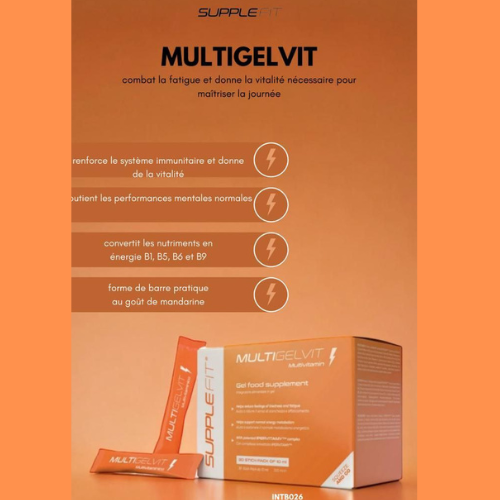 Gel multivitaminé énergétique SUPPLEFIT MULTIGELVIT, source de vitamines B et C pour vitalité, énergie et équilibre quotidien.