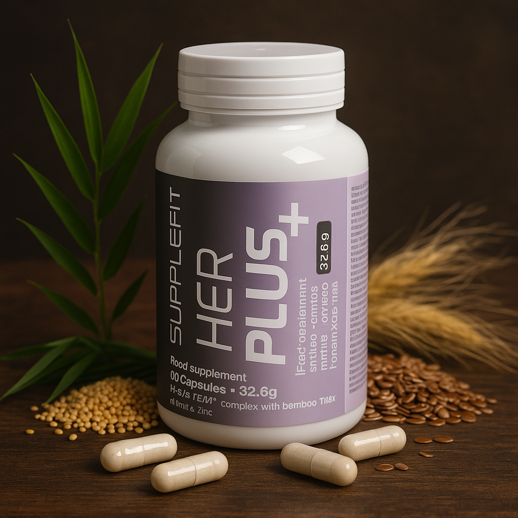 HER PLUS+ SuppleFit entouré de bambou, graines de millet, lin et gélules, symbole d’une beauté naturelle et éclatante.