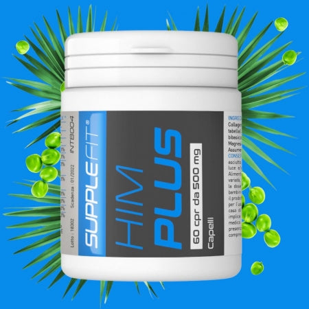 HIM PLUS de SuppleFit entouré d’ingrédients naturels : Serenoa Repens, protéines de pois, collagène et capsules, sur fond en bois.