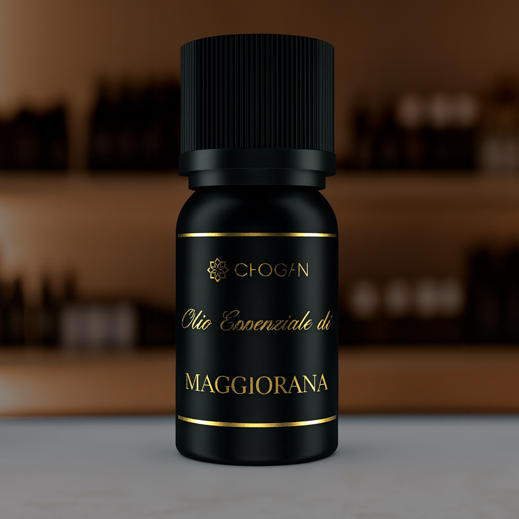 Flacon d’huile essentielle de marjolaine Lolûm sur fond naturel, produit aromathérapie apaisant et relaxant.