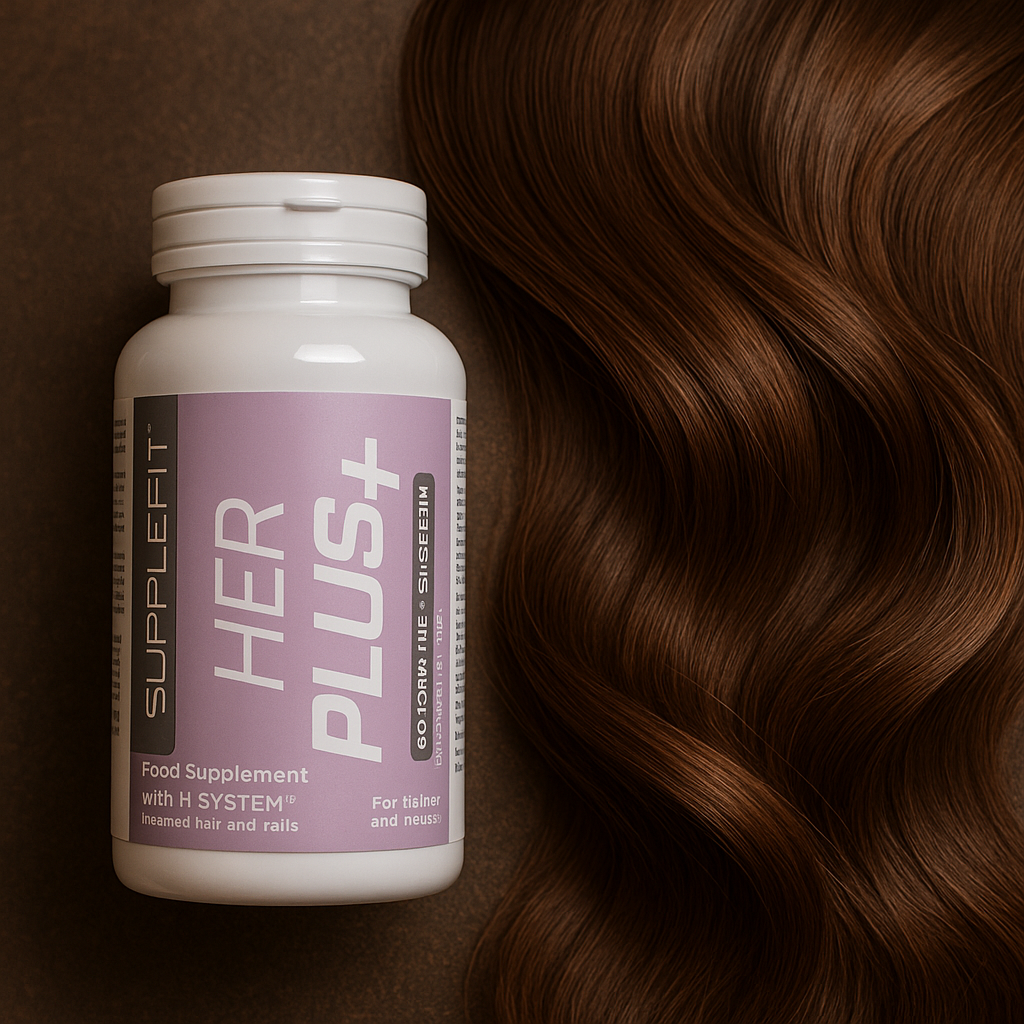 Flacon de complément alimentaire HER PLUS+ SuppleFit posé sur une surface brune, accompagné de longues mèches de cheveux soyeux et brillants illustrant l’effet fortifiant et embellissant du produit sur les cheveux.
