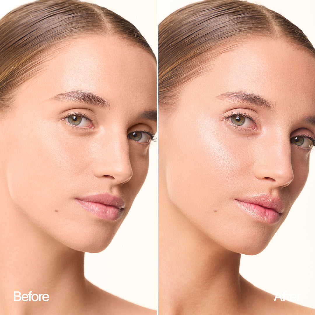 Maquillage éclatant réalisé avec le stick enlumineur MoniAmori Light & Go teinte Champagne, sur peau sublimée d’un reflet doré et soyeux, effet frais et radieux.