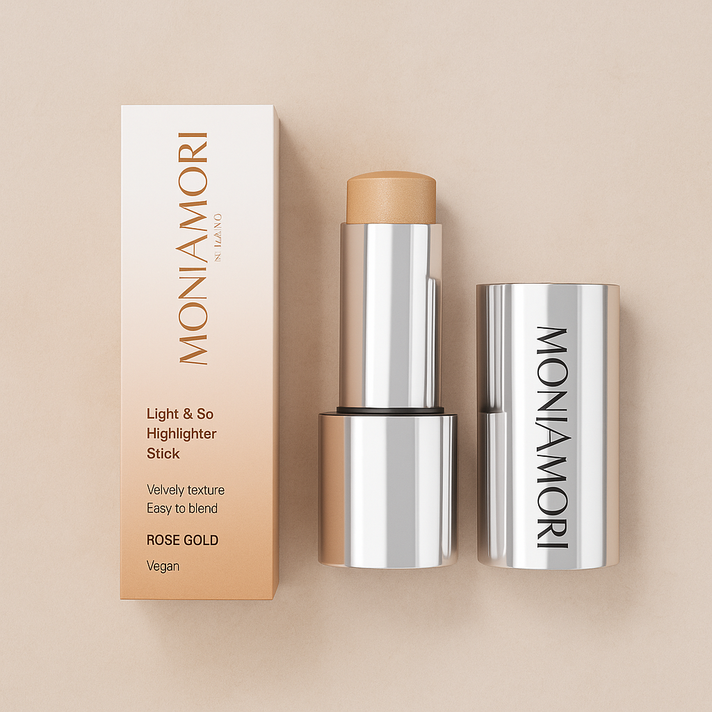 Enlumineur stick MoniAmori Rose Gold avec fond beige doux – lumière rosée et effet glowy.