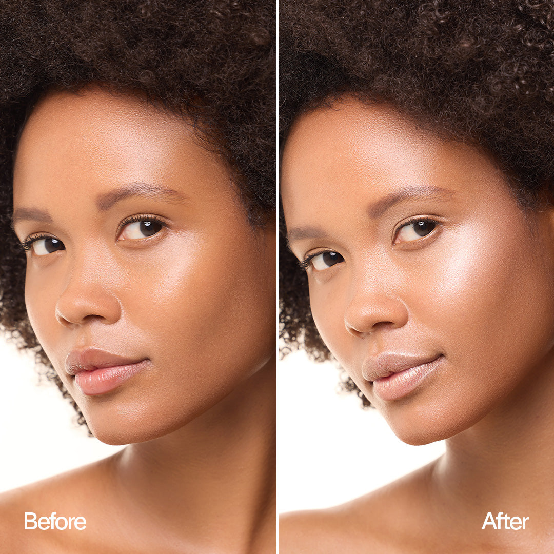 Maquillage éclatant réalisé avec le stick enlumineur MoniAmori Light & Go teinte Rose Gold, sur peau sublimée d’un reflet doré et soyeux, effet frais et radieux.