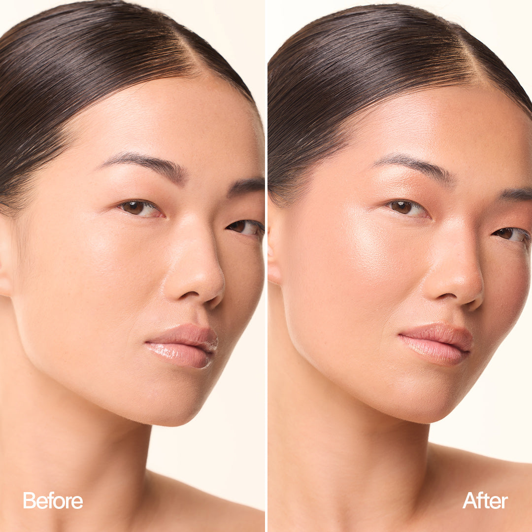 Mannequin portant le highlighter MoniAmori Light & Go teinte Champagne, lumière douce sur les pommettes et l’arête du nez, effet glowy naturel et lumineux.