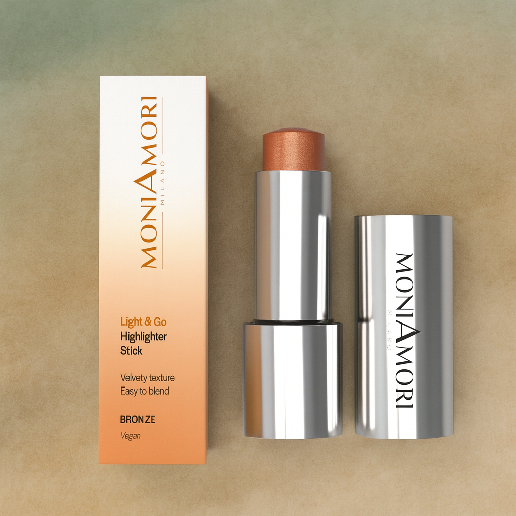 Stick illuminateur Light & Go MoniAmori teinte Bronze sur fond doré – éclat chaud et lumineux.