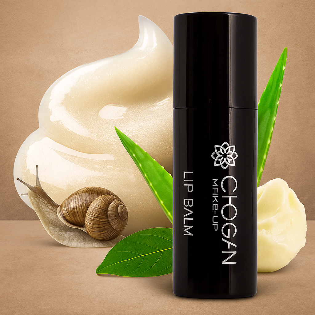 Baume à lèvres hydratant Chogan Make-Up avec boîte violette – soin naturel à la bave d’escargot et au beurre de karité.
