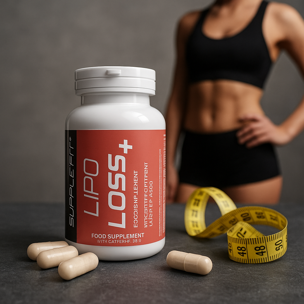 Flacon de complément alimentaire LIPO LOSS+ SuppleFit placé sur une surface sombre, entouré de gélules et d’un ruban de mesure, avec en arrière-plan une femme sportive illustrant l’efficacité du produit sur la silhouette et la perte de poids.