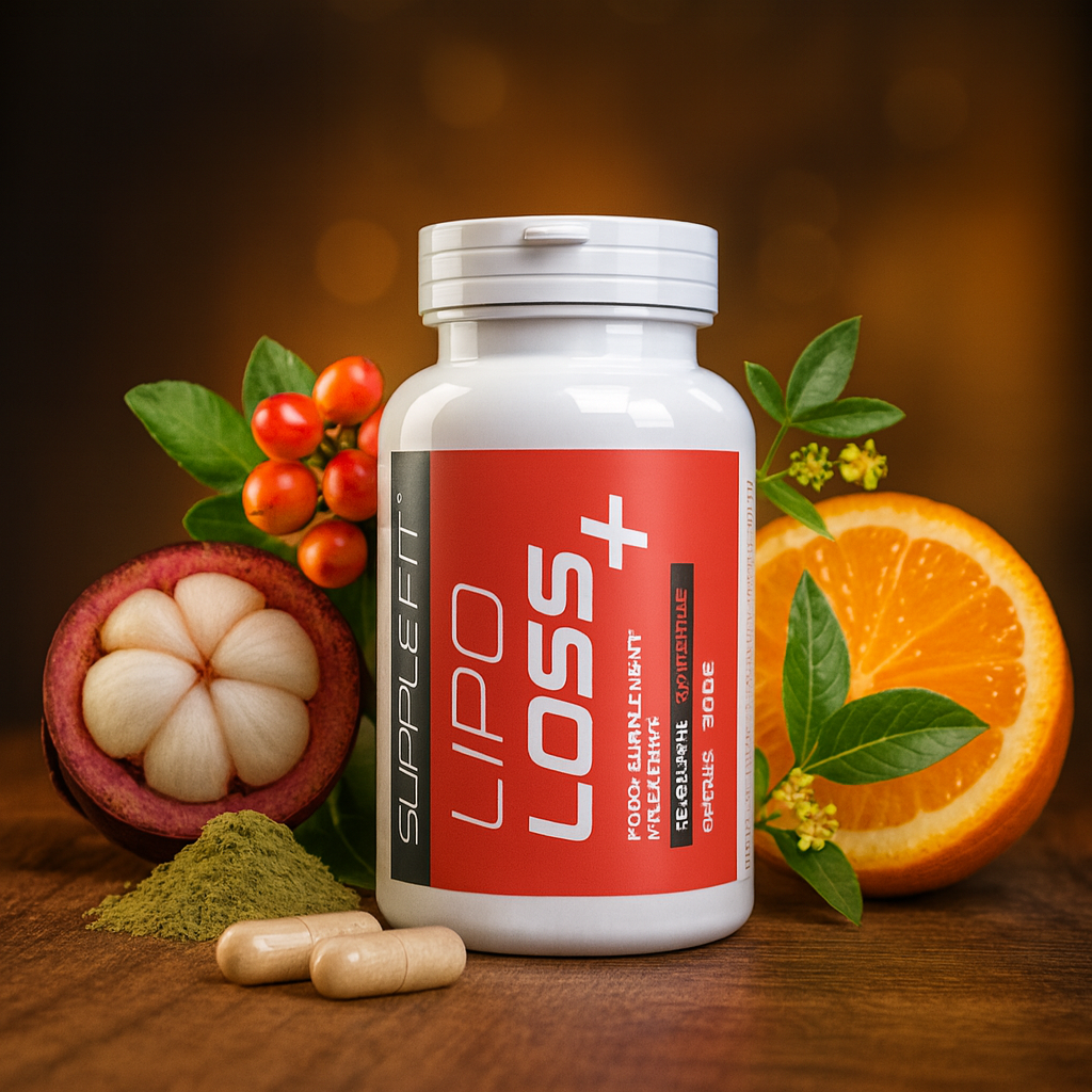 Flacon de complément alimentaire LIPO LOSS+ SuppleFit posé sur un fond naturel, entouré de guarana, orange amère, mangoustan et feuilles vertes, symbolisant la combustion des graisses et la vitalité.