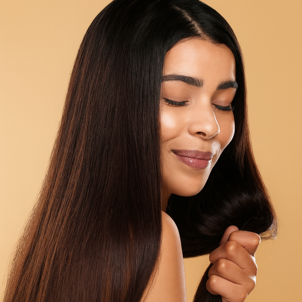 Jeune femme souriante aux yeux fermés, tenant une mèche de cheveux lisses devant un fond beige doux et élégant.