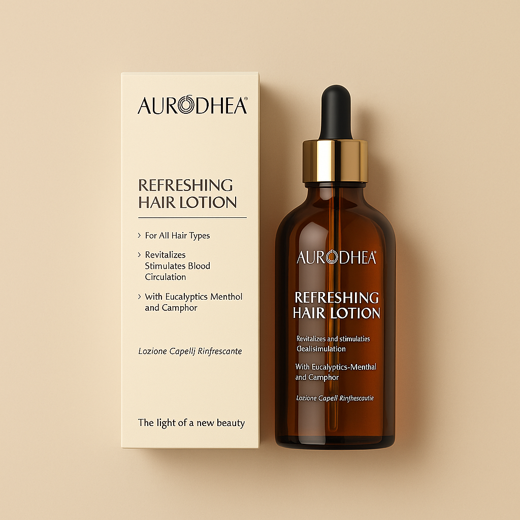 Lotion capillaire Aurodhea au menthol, camphre et eucalyptus, présentée dans un flacon ambré avec pipette.