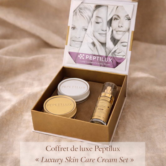 Coffret Peptilux Luxury Skin Care Cream Set présenté ouvert avec crème de jour, crème de nuit et contour des yeux