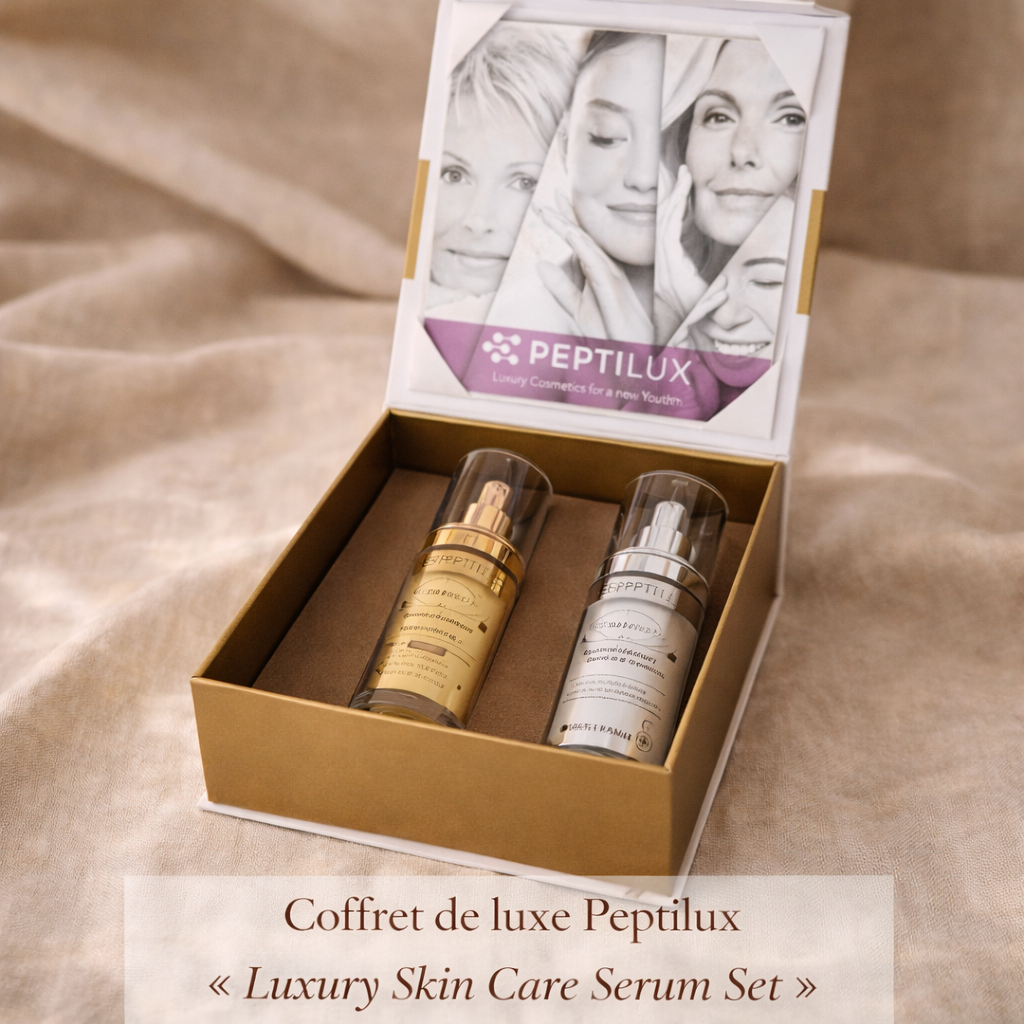 Coffret Peptilux Luxury Skin Care Serum Set ouvert avec deux sérums visage jour et nuit