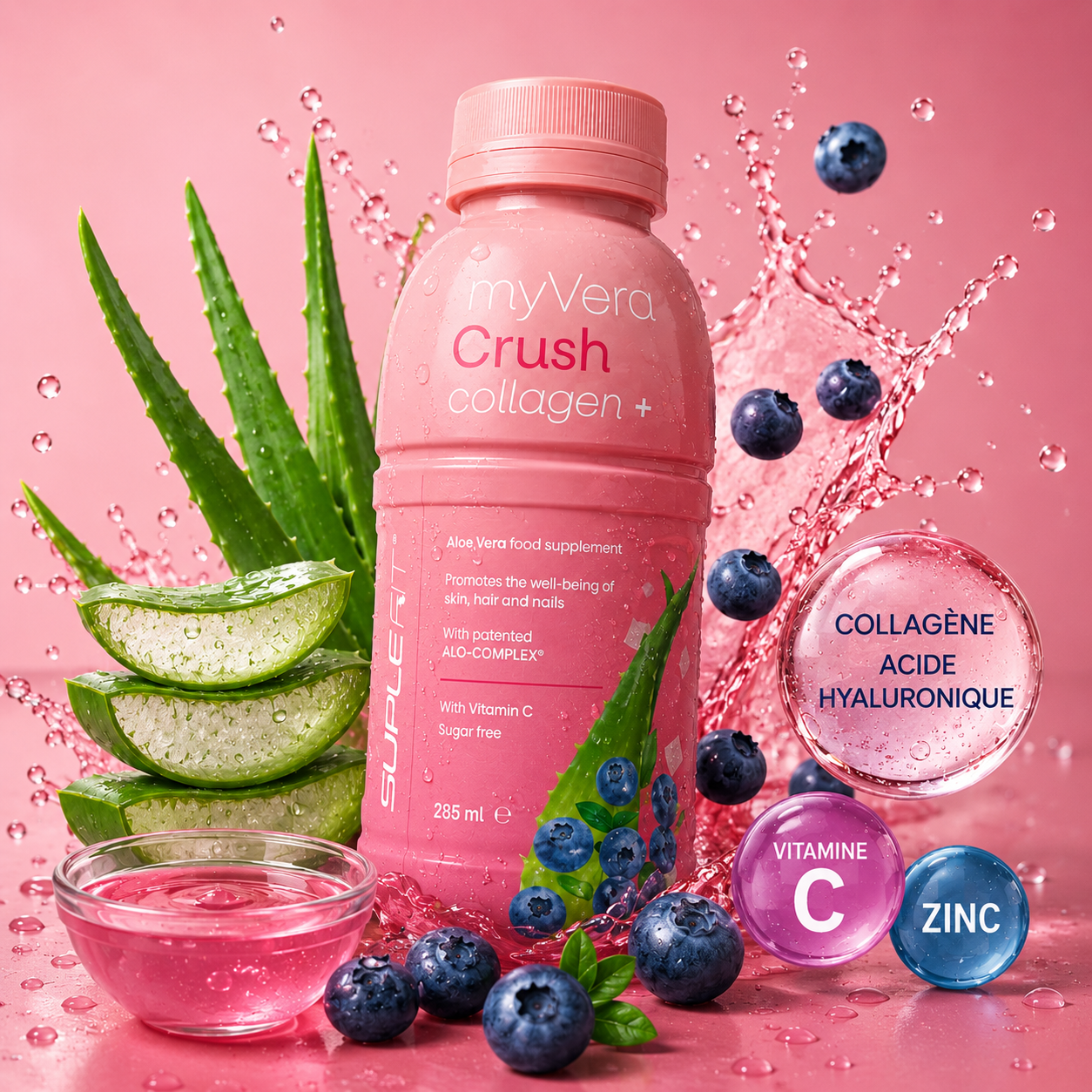 MYVERA CRUSH Collagen+ boisson à l'aloe vera avec collagène, vitamine C et myrtille