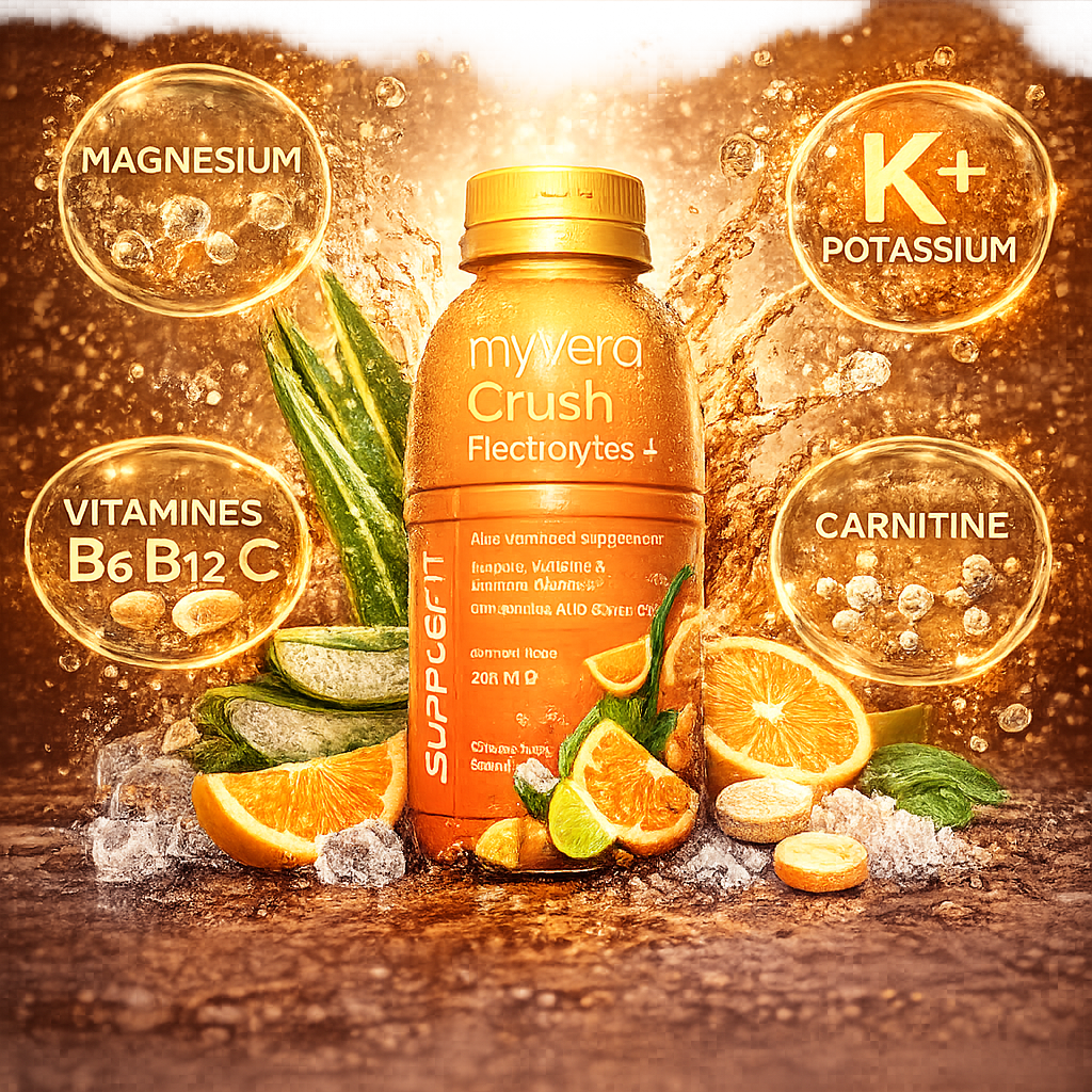 MYVERA CRUSH Electrolytes+ saveur orange avec Aloe Vera, magnésium et potassium pour l’hydratation et la récupération.