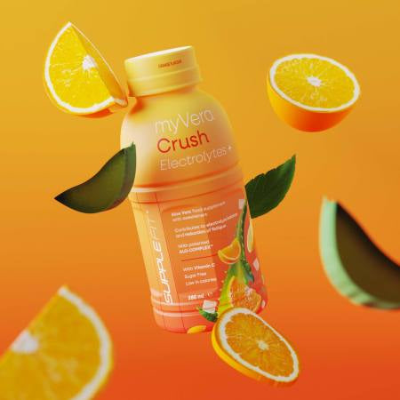 Boisson complément alimentaire MYVERA CRUSH Electrolytes+ avec vitamines B6, B12 et vitamine C au goût orange.