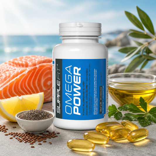 Complément alimentaire OMEGAPOWER VIVACORE™ riche en Oméga-3 EPA DHA avec huile de poisson, citron et capsules dorées.