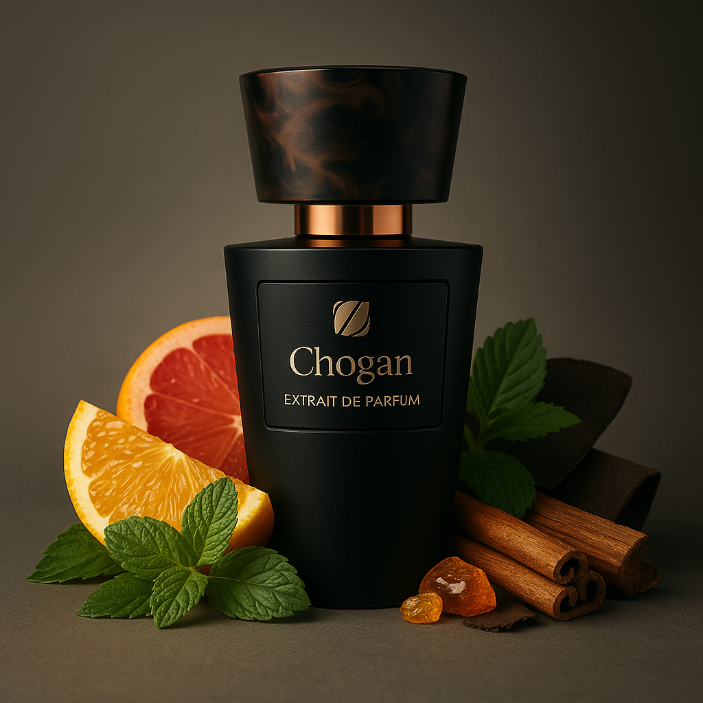 Flacon-noir-Chogan-N°001-pour-homme-entouré-de-mandarine