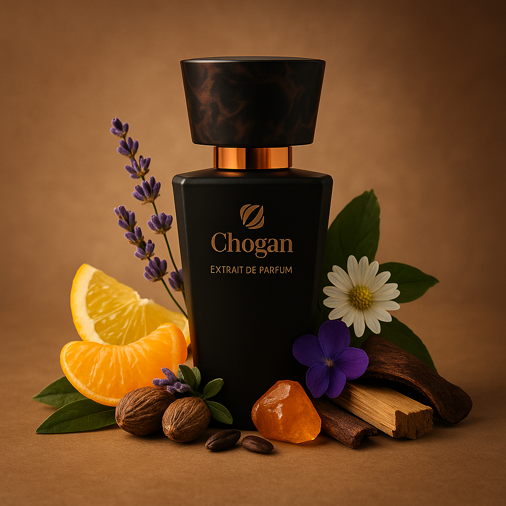 Flacon noir Chogan Extrait de Parfum N°003 pour homme entouré de bergamote, lavande et cèdre sur fond neutre