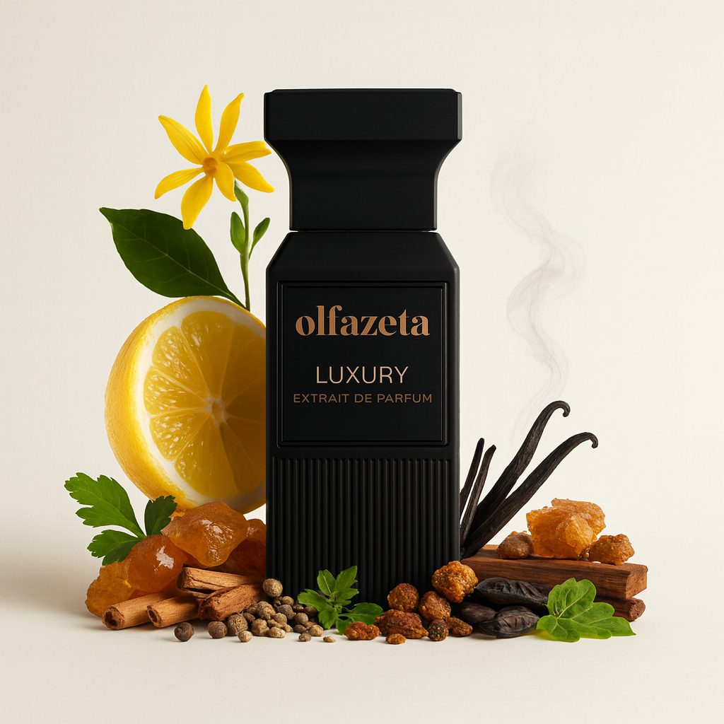 Flacon noir Luxury N°102 (mixte) – extrait de parfum aux notes de bergamote, ylang-ylang, vanille et bois ambrés.