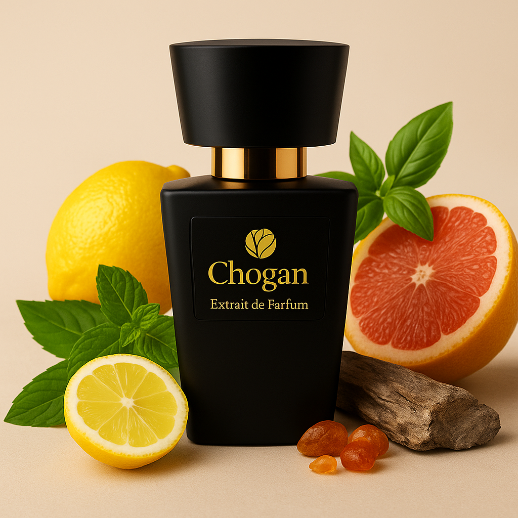 Flacon noir Chogan N°099 – parfum mixte luxury aux agrumes, basilic et menthe