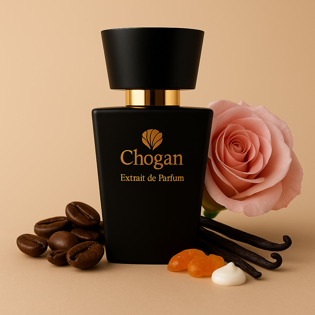 Parfum mixte Chogan 105 bouteille 500x500 devant grains de café et vanille