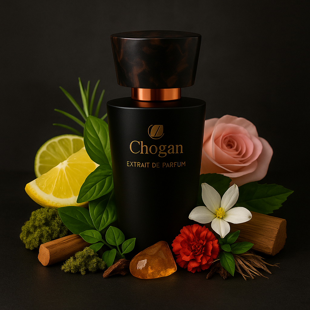 Parfum homme Chogan 012 sur fond neutre : notes agrumes, herbes aromatiques, bois de santal, patchouli, vétiver