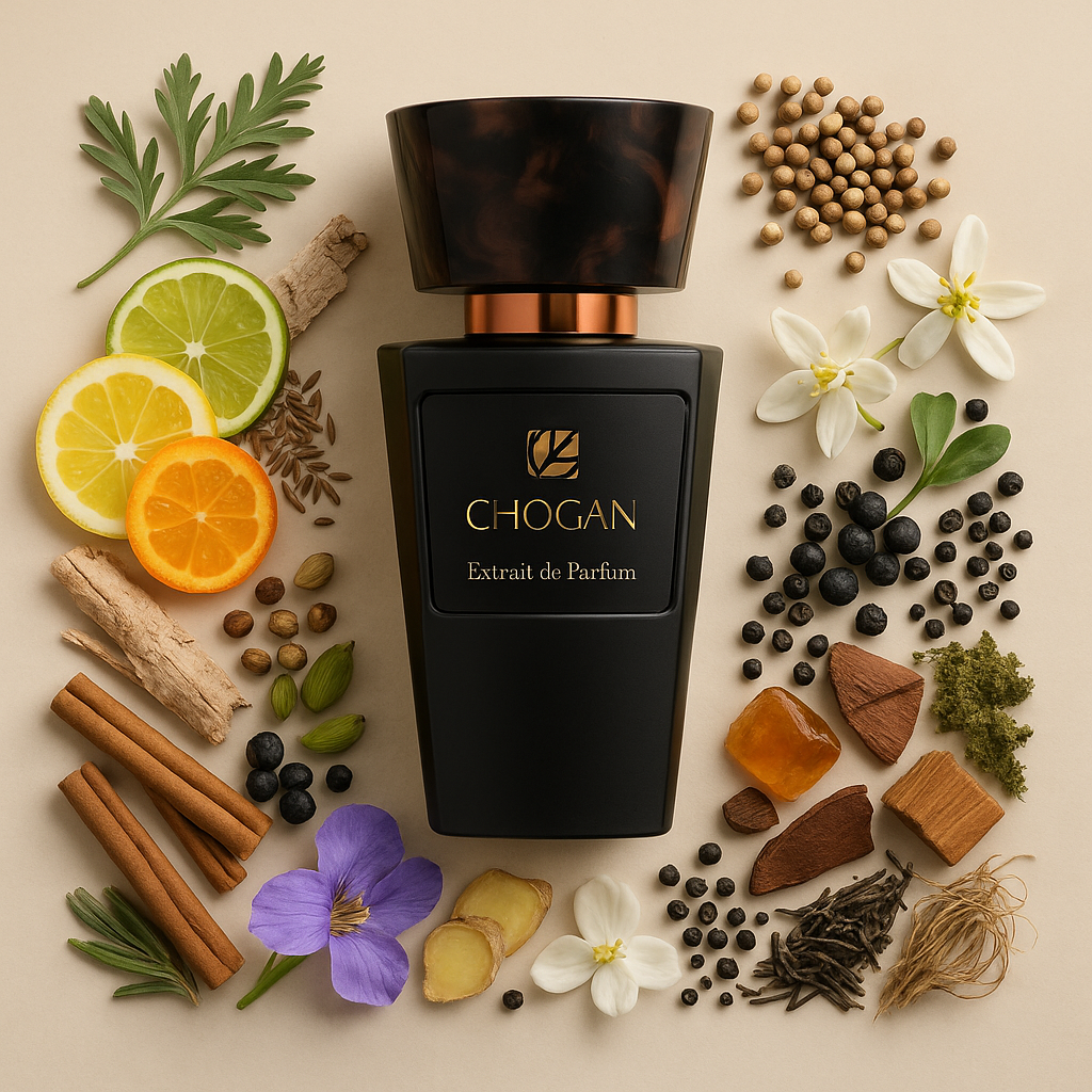 Flacon noir Chogan Extrait de Parfum N°018 pour homme, fond clair, notes d’armoise et bergamote.