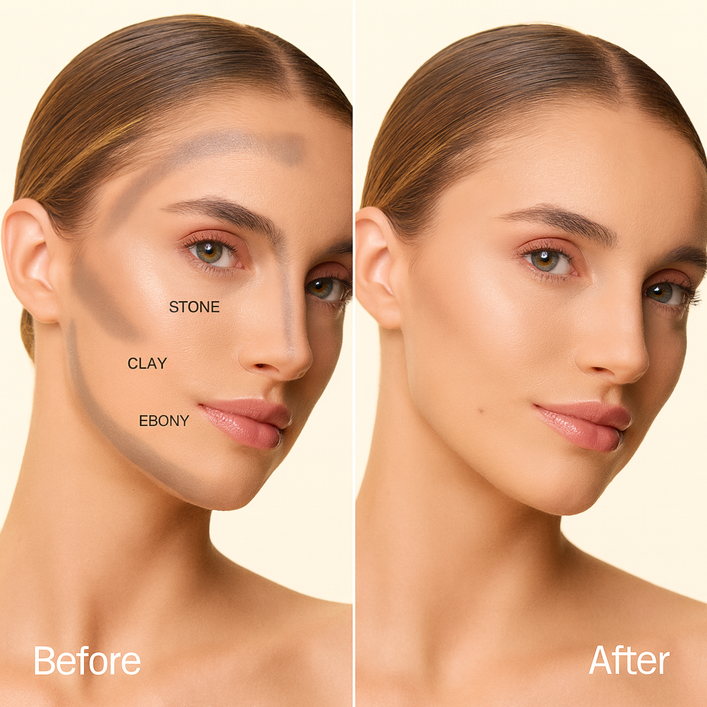 Comparatif avant/après du Sculpt & Lift de MoniAmori — démonstration des nuances Stone, Clay et Ebony pour un visage sculpté et naturel.